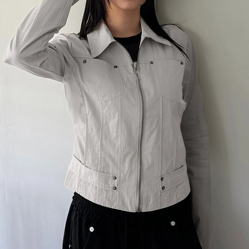 Women Jacket Pocketd Long Sleeve dCasual Zipper Coats Slim Fit Turn Down Collar Solid Outwear Elegant Lady Autumn