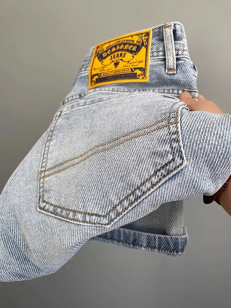 Light Blue Embroidered Jeans Men's Summer Slim Fit Nine-Piece Waed Casual Pants Breathable Straight Leg Jeans Youth Trend