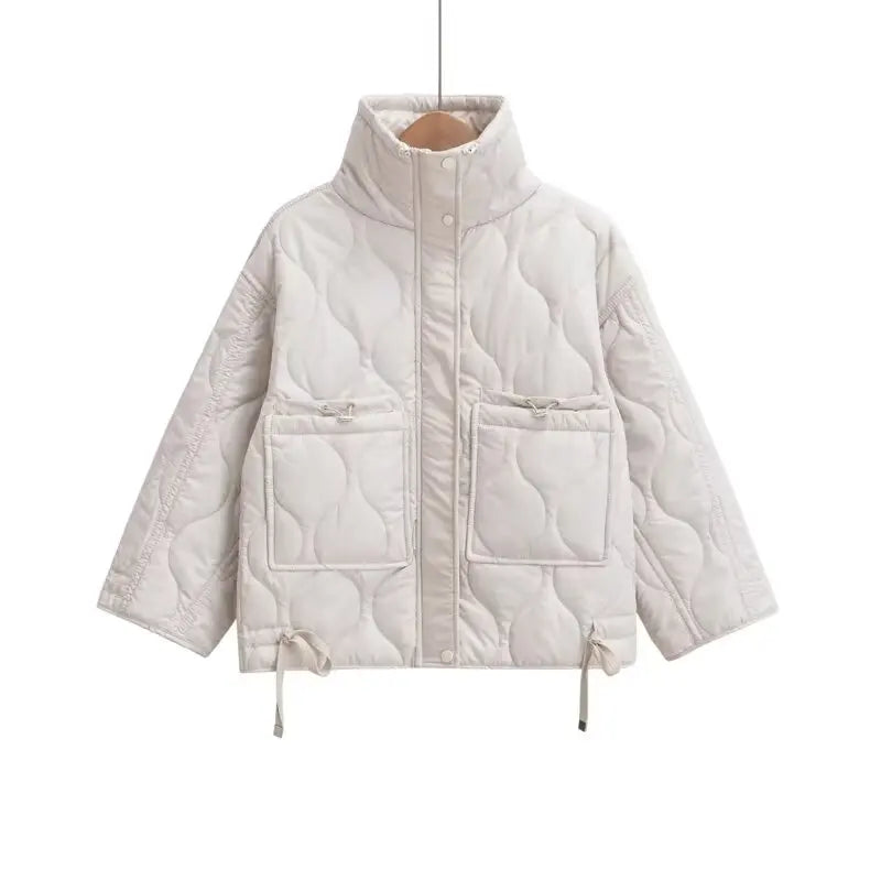 Quilted coat for women ETJ 2024traf QUILTED JACKET WITH TIES new beige drawstring high neck pocket clip cotton jacket for women