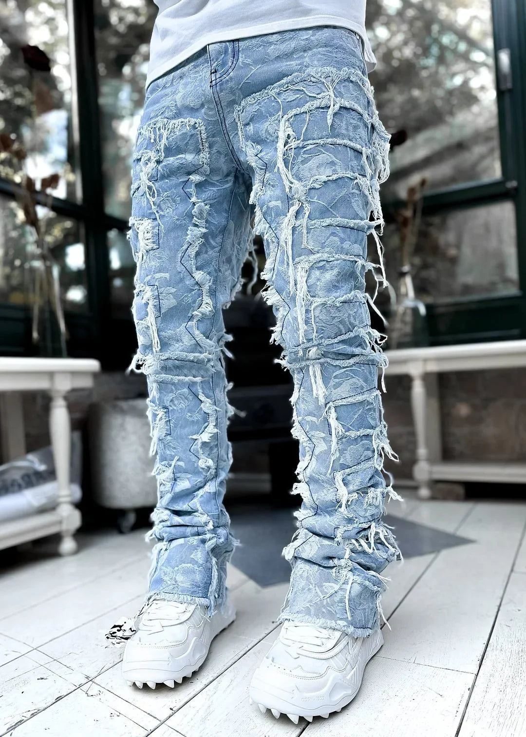 New Fashion Stretch Jeans Man Stacked Jeans Elastic Waist Straight Fit Patchworks Denim Long Pants Fringe Ripped Jeans For Men