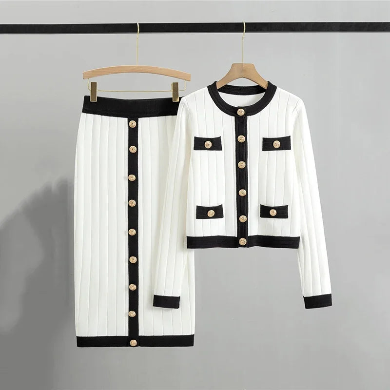 Autumn Winter Fashion Women's Suits Skirt Elegant Slim Single Breasted Knitwears Tops High Waist Long Splicing Dresses Suit