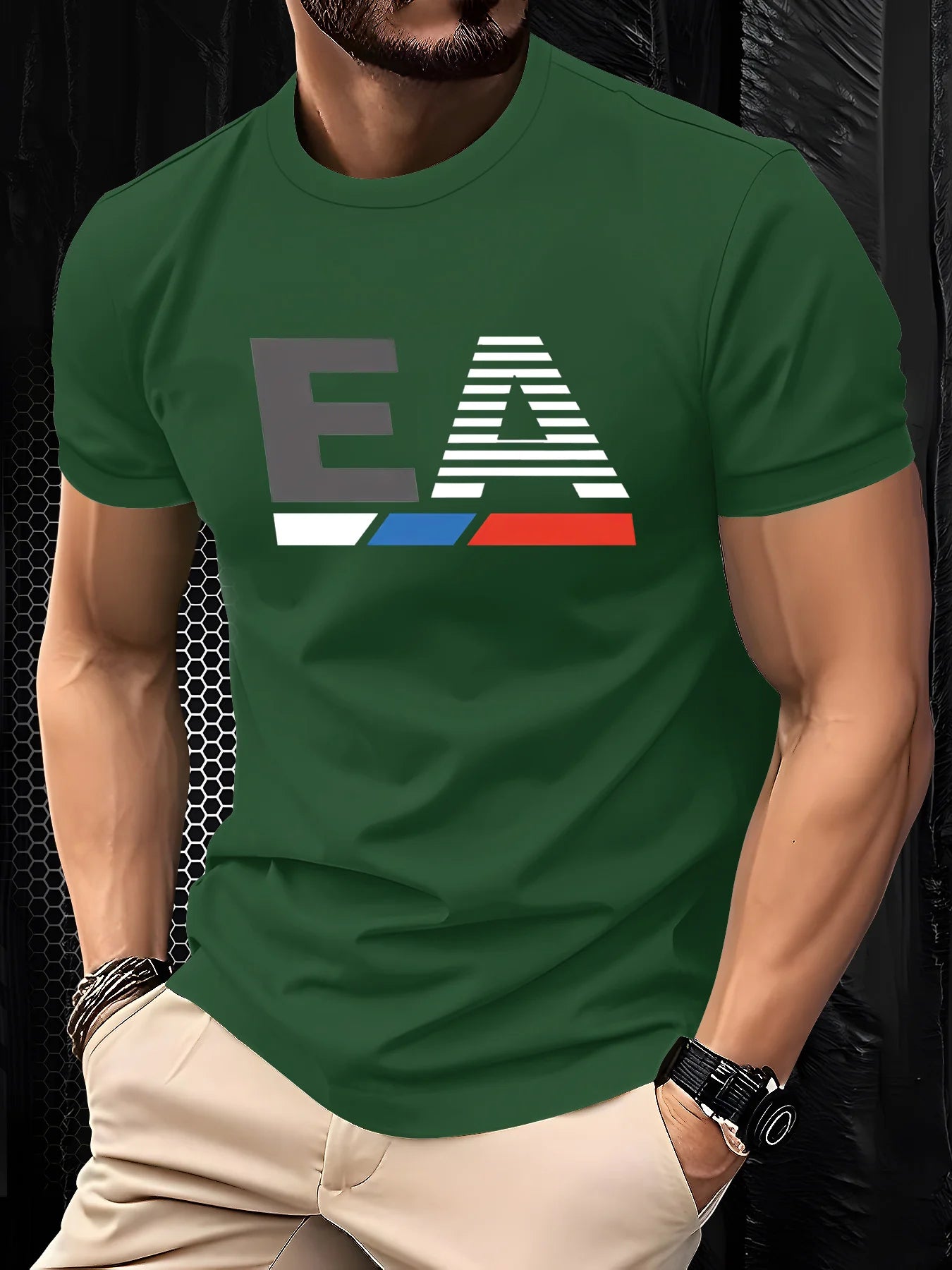 Men's Graphic T-Shirt - Breathable Soft Polyester Tee with Bold EA Logo, Lightweight Summer Shirt for Gym, Office, Casual Attire