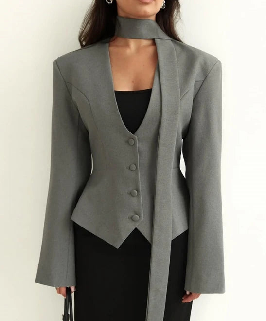 Women's Jacket 2025 Spring New Fashionable Solid Color V-Neck Scarf Decor Elegant Temperament Long Sleeved Casual Blazer Jacket