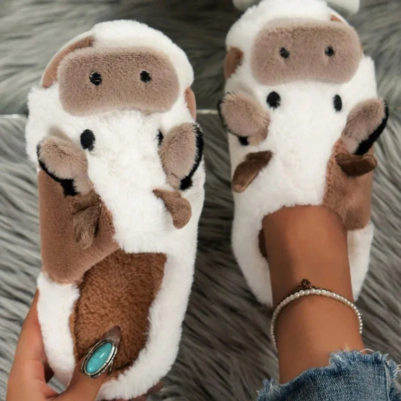 Winter Home Slippers for Couples Warm Plush Neutral Cartoon Cow Indoor Anti Slip Comfortable Cotton Slippers for Men and Women