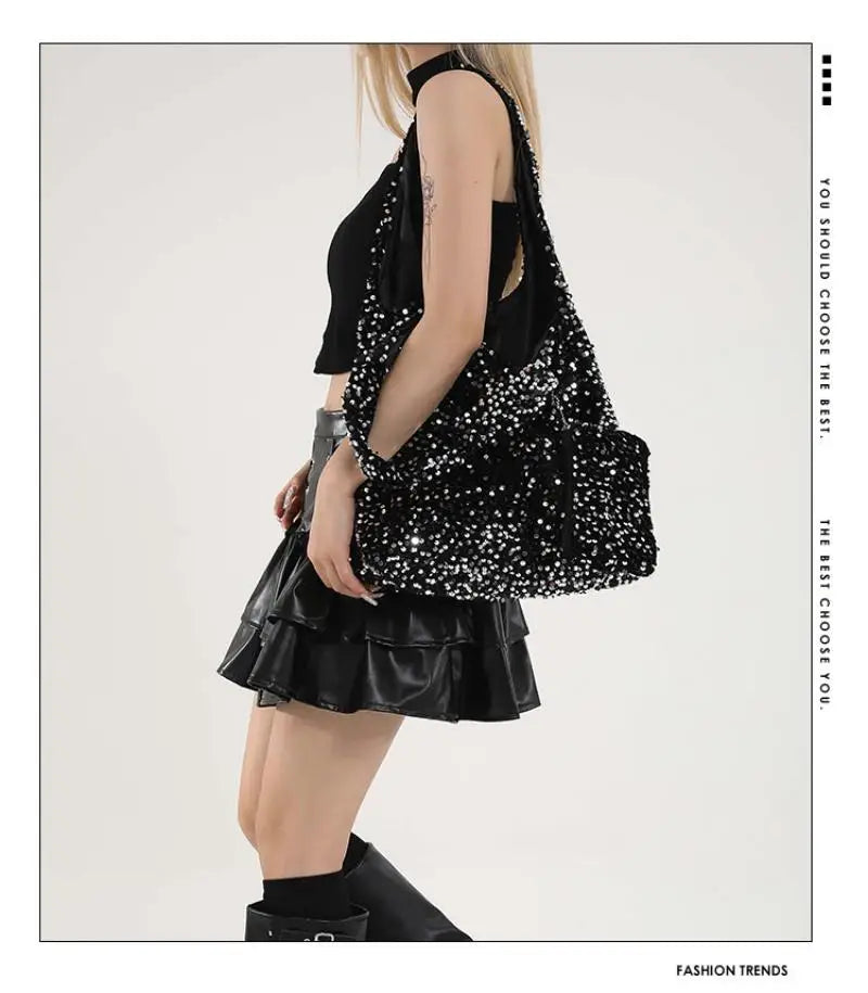 Large capacity commuting bag for women, new popular single shoulder underarm bag, versatile, high-end texture sequin flash tote