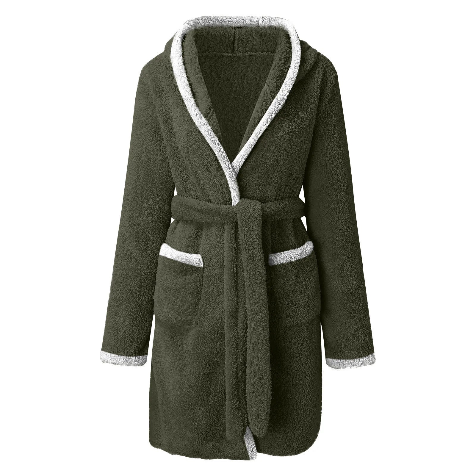Women's Winter Casual Plush Robe Solid Color Matching Double Pocket Strappy Nightgown Fuzzy Bathrobe Coats Home Clothed Ladies