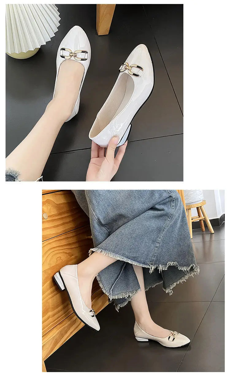 Shoes for Women Fashion Pointed Toe Patent Leather Low Heel Single Shoes Lady Slip on Classic Comfort Office Shoes Zapatos Mujer
