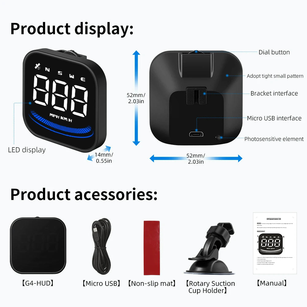 AD G4 GPS Smart Gauge Head Up Display LED Auto Speedometer With Alarm Reminder KMH MPH Compass  Car Accessories for All Car