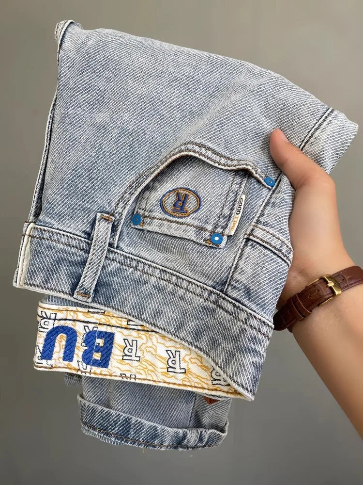 Light Blue Embroidered Jeans Men's Summer Slim Fit Nine-Piece Waed Casual Pants Breathable Straight Leg Jeans Youth Trend