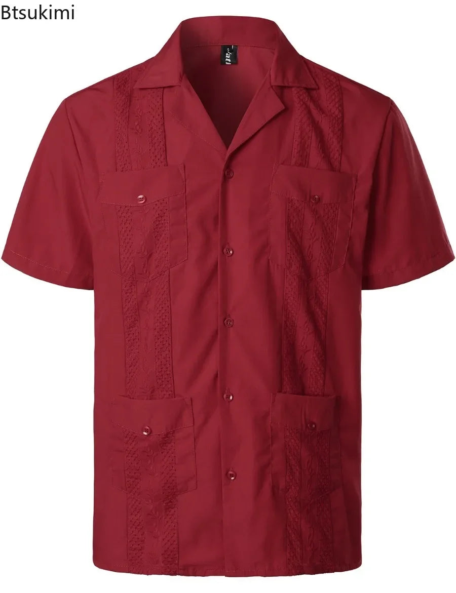 Summer New Mens' Shirts Multi-pockets Lapel Short Sleeve Single Breasted Cardigan Male Casual Beach Shirts Traditional Costumes