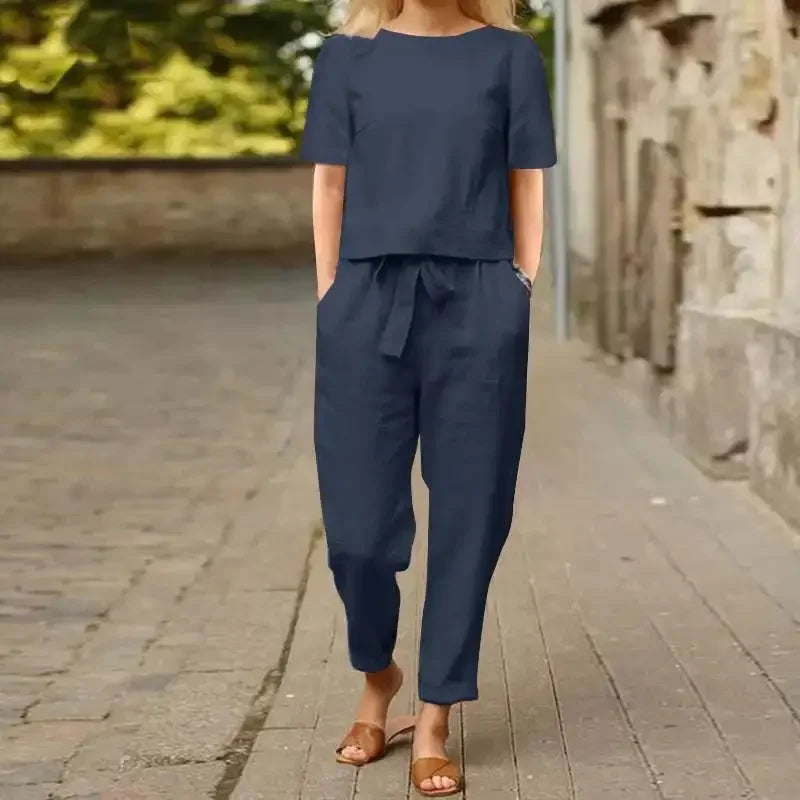 Women's Cotton Linen Suit Summer Matching Suit Half-sleeved Round Neck Tie Elastic Waist Trousers Wide-leg Pants Retro Suit