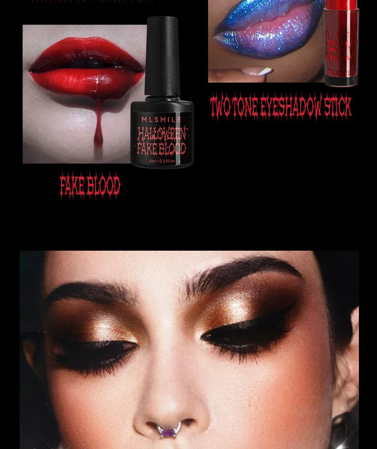 MLSMILE Halloween Makeup Set Eyeshadow Glitter Lip Glaze Fake Blood Wearing Armor 4pcs/set Festive Set Trick or Treat Cosmetics