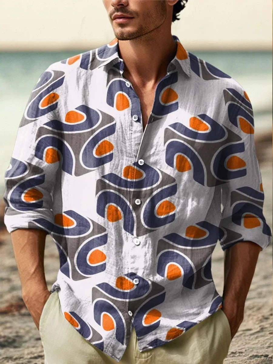 The new men's shirt is a fashionable and artistic printed linen shirt. The high-quality shirt fabric is comfortable