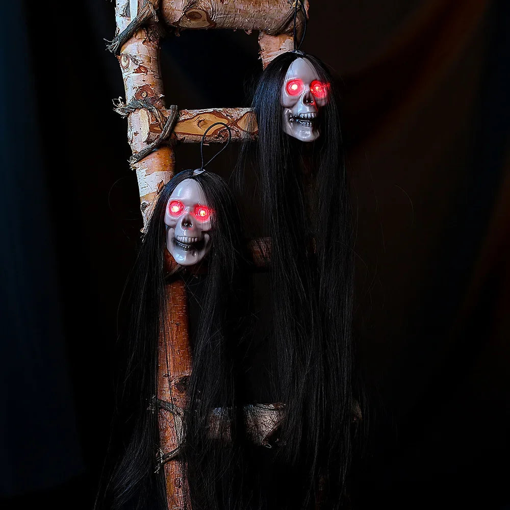 Halloween Hanging Ghost Skull with Long Hair Glowing Eyes Terror Skull Ghost House Head Skeleton Props 2024 Halloween Decoration
