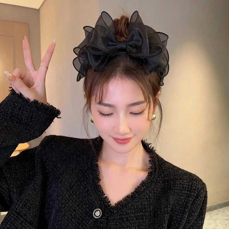 Women Originality Ruffled Edge Stylist Accessories Hair Hoop Fashion Korea Retro Black Mesh Big Bow Headband Hair Accessories