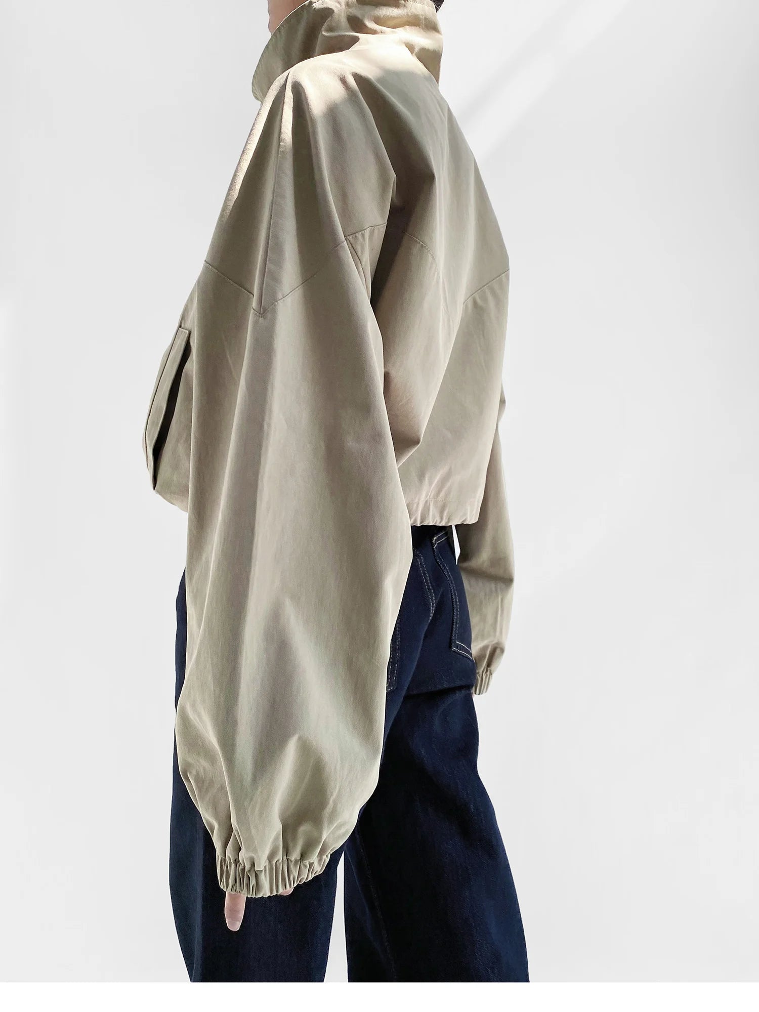 Women's Cropped Utility Jacket - Drop Shoulder Drawstring Hem Ribbed Cuffs Lightweight Cotton