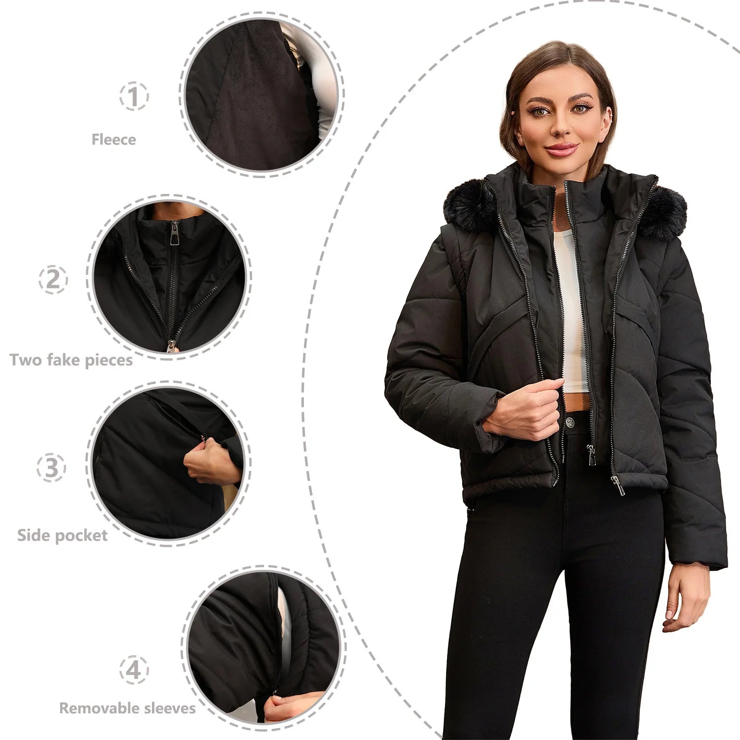 Women's jacket Faux 2pcs Cotton Padded Puffer jacket Hooded Winter Down Jackets Coats Parkas Detachable Sleeves Waistcoat HXY378