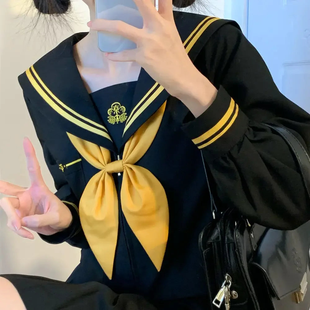 Japanese School Uniform Girls Plus Size Jk Suit Role Play High School Yellow Tie Black Basic Sailor Suit Female Long Sleeve Suit