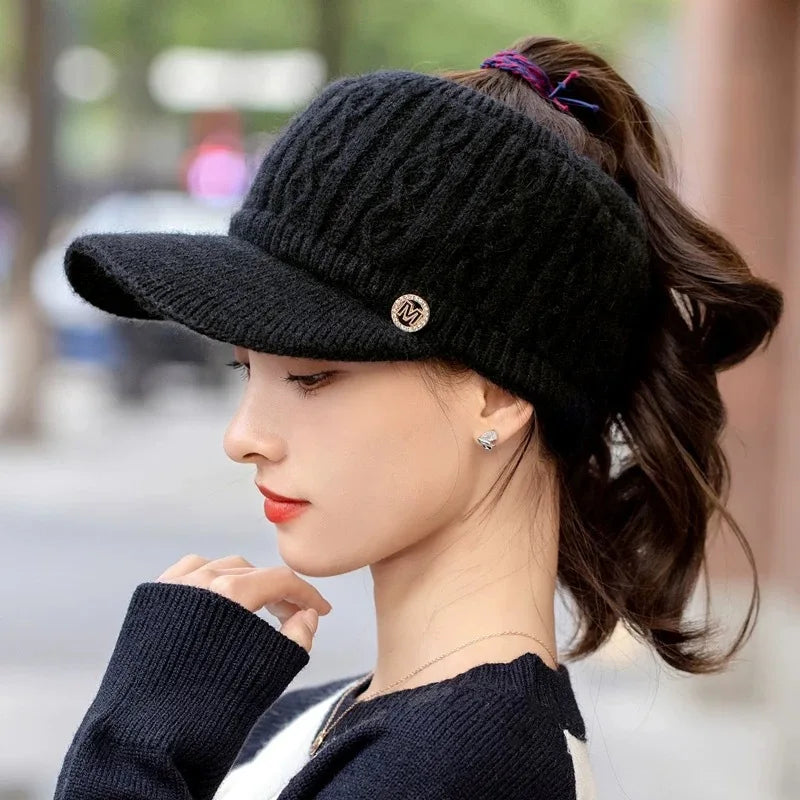 Winter Warm Headband Hat With Brim Thick Knit Cap Ponytail Hole Ponytail Opening Ear Covers Fashion Fashion Knit Hat Accessories