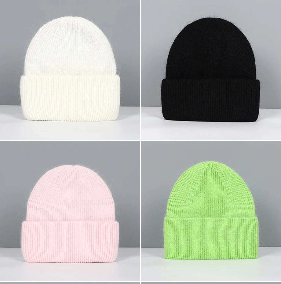 Winter Hats For Women Rabbit Fur Beanie Hat Woman Knitted Skullies Beanies Solid Wool Soft Autumn Winter Cashmere Caps Bonnet