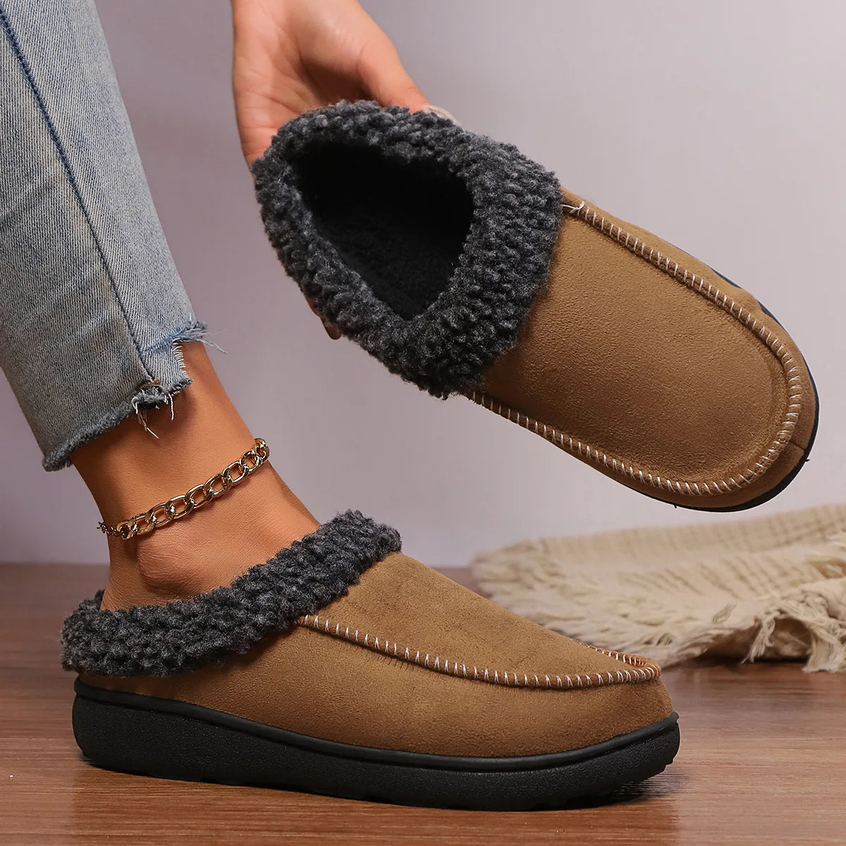 Slippers Men Winter Plush Warm Thick Sole Indoor Non-slip Women Couples Home Shoes Casual Platform Ankle Boots Loafers