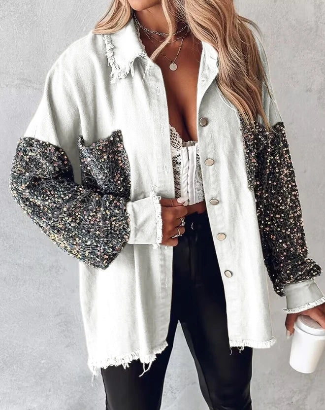 Women Jacket 2024 Spring Fashion Contrast Sequin Raw Hem Pocket Casual Turn-Down Collar Long Sleeve Daily Long Shacket