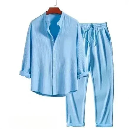 Two-piece set of single-buttoned shirts for men, solid shirts with drawstring, straight pants.