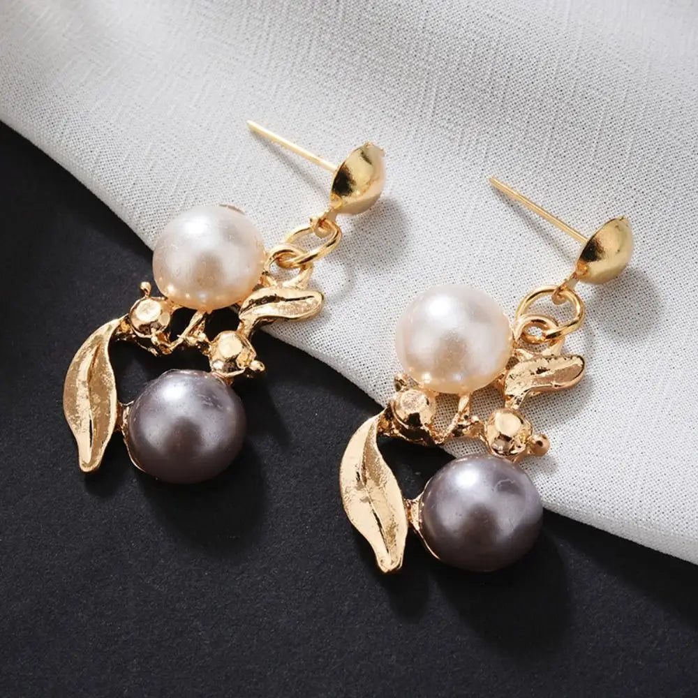 Exquisite Elegant Pearl Necklace Rhinestone Metal Colorful Pearl Necklace Dangle Earrings Leaf Necklace Earrings Set Gift