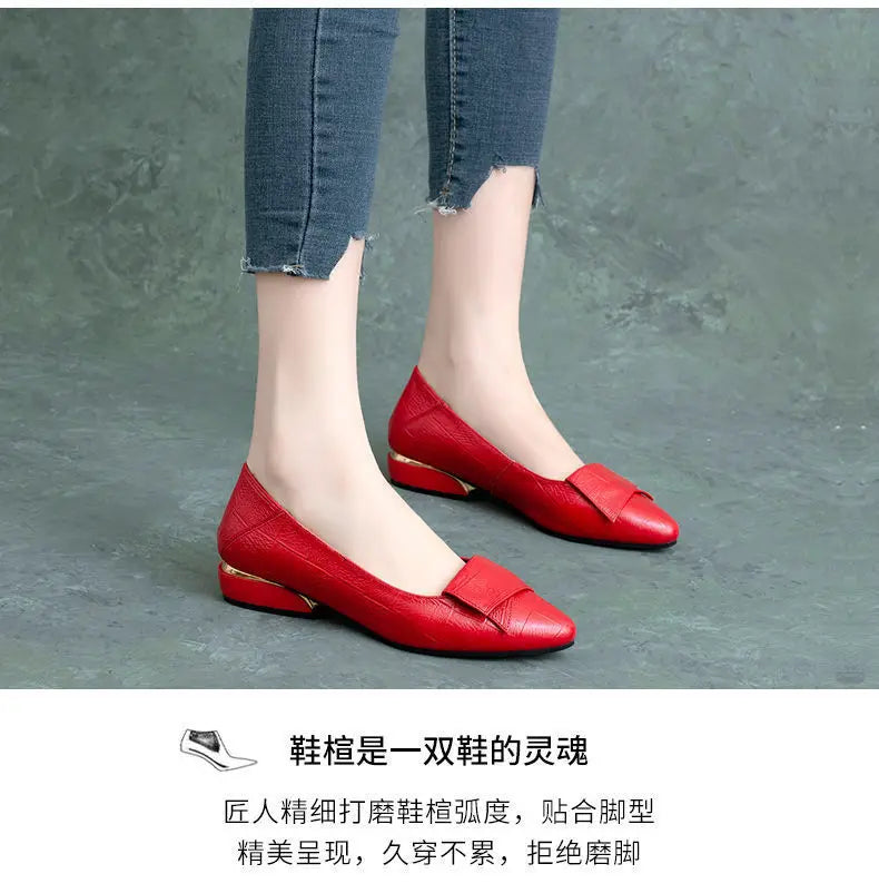 Shoe Women's 2024 New Spring and Autumn Shallow Cut Thick Heel Pointed Toe Women's Shoes Soft Leather Soft Sole Shoes Work Shoes