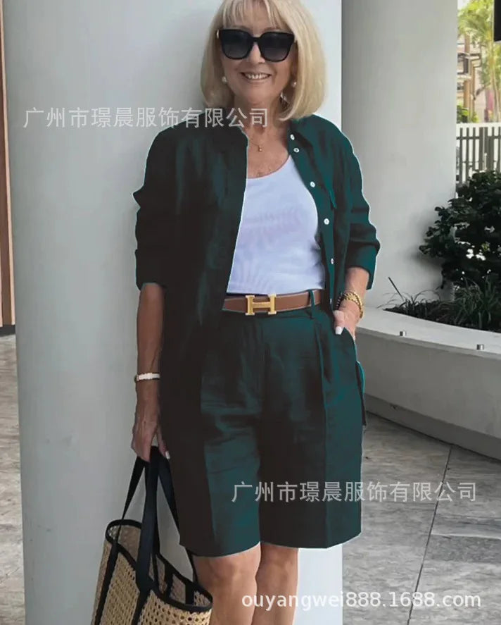 Casual Women Suit Long Sleeve Shirt + High Waist Crotch Pants Sets Two Piece Set Solid Women's Outfit Spring Autumn 2-piece Set