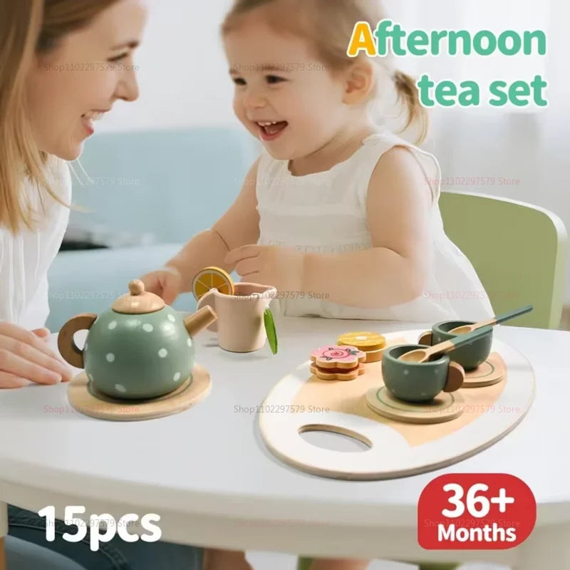 Kids Wooden Afternoon Tea Set Toys Kitchen Accessories Tea Party Food Play Early Educational Toys for Toddlers Girls Boys Gifts