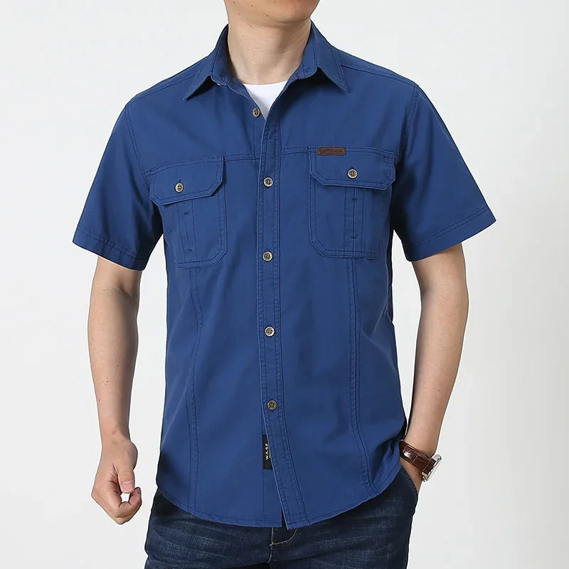 2023 Men Cargo Shirt Casual 100% Cotton Solid Short Sleeve Multi Pocket Work Blouses Loose Plus Size 5XL Business Men Clothing