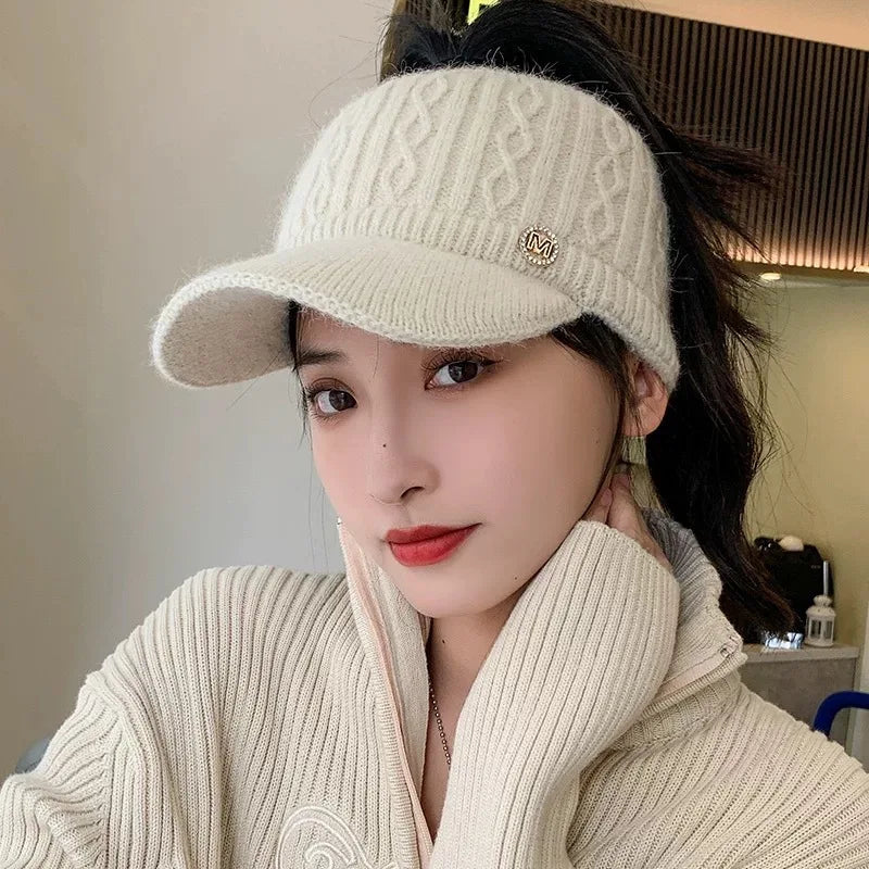 Winter Warm Headband Hat With Brim Thick Knit Cap Ponytail Hole Ponytail Opening Ear Covers Fashion Fashion Knit Hat Accessories