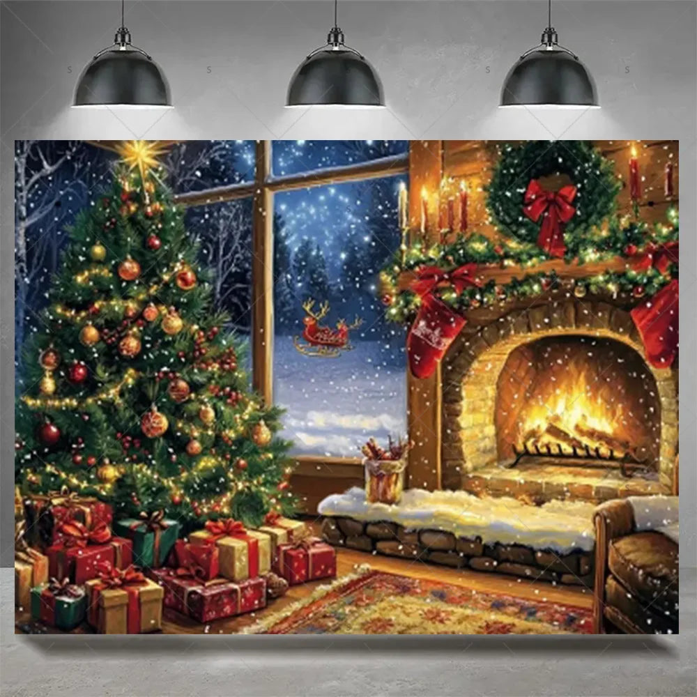 Christmas Party Decoration Winter Fireplace Xmas Tree Background Baby Shower Supplies Banner Photo Prop Backdrop Children Gift
