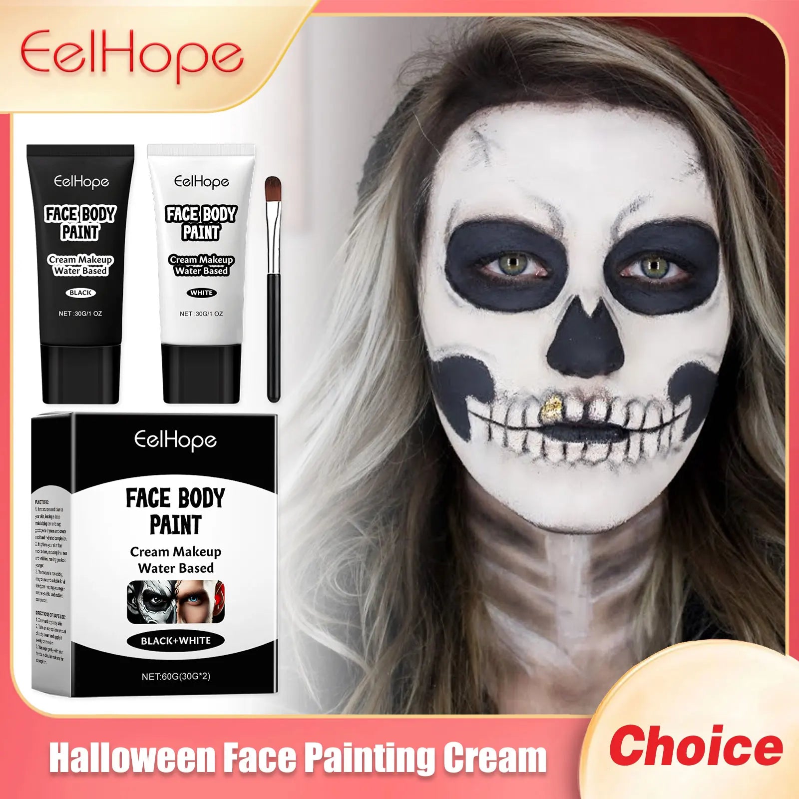 Halloween Face Painting Kit Highly Pigmented Face Body Brus Paint Black and White for DIY Cosplay Theme Parties Body Makeup