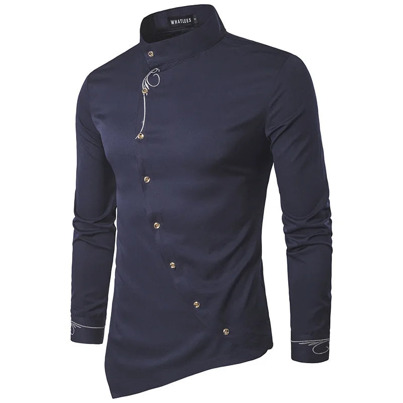 2025 Men's Oblique Button Dress Shirt High Quality Long Sleeve Slim Embroidery Shirts Men Stand Collar Business Wedding Camisas