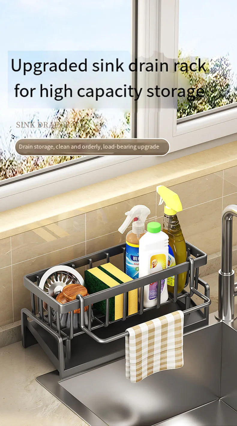 Kitchen Drainable Storage Rack With Hanging Rod Countertop Cleaning Supplies Without Punching Multi-Functional Storage Rack Tool