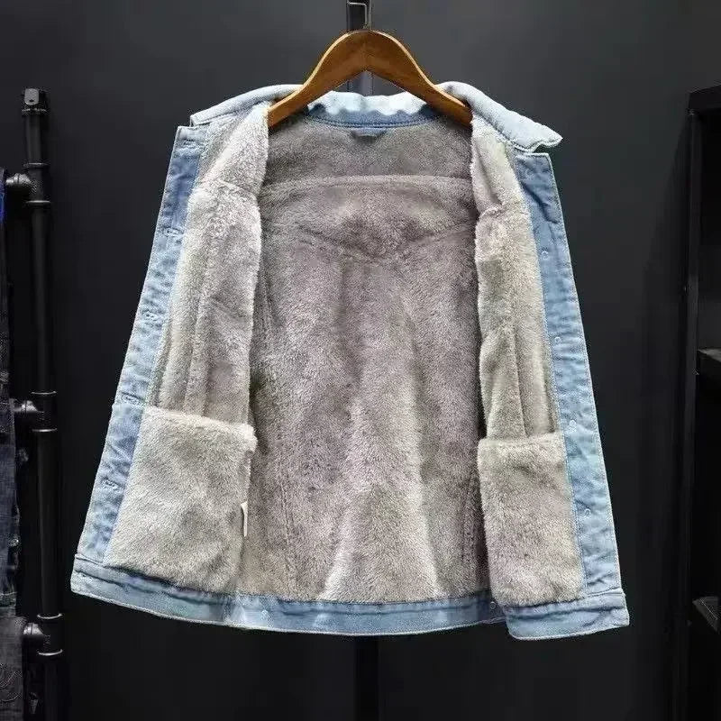 Men Coat Thick Denim Jackets Turn Down Collar Lamb Wool Coats Full Sleeve Casual Splice Single Breasted Jacket Autumn Winter