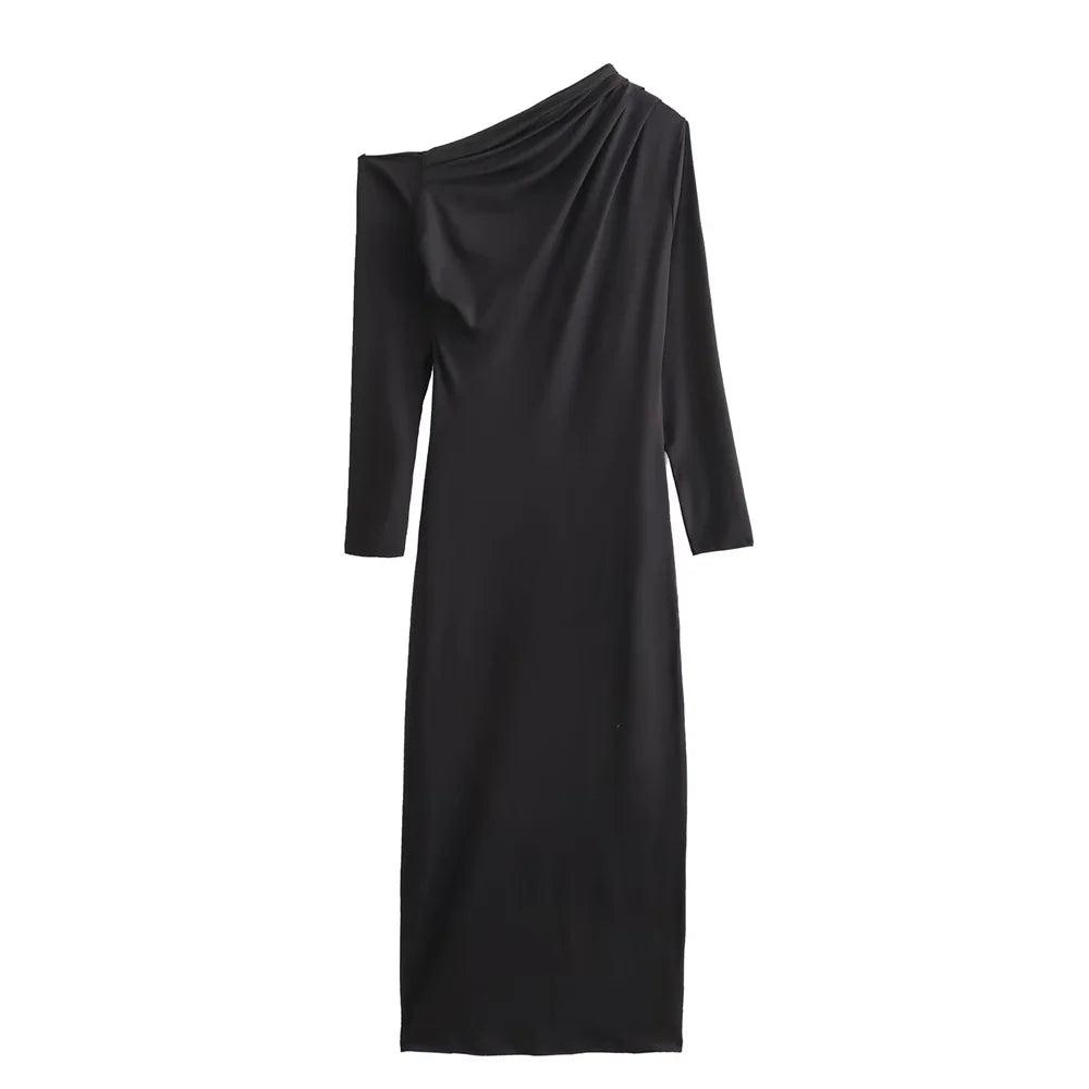 Autumn and winter new women's clothing style, Western style, slim fit, asymmetrical design, solid color long sleeved dress