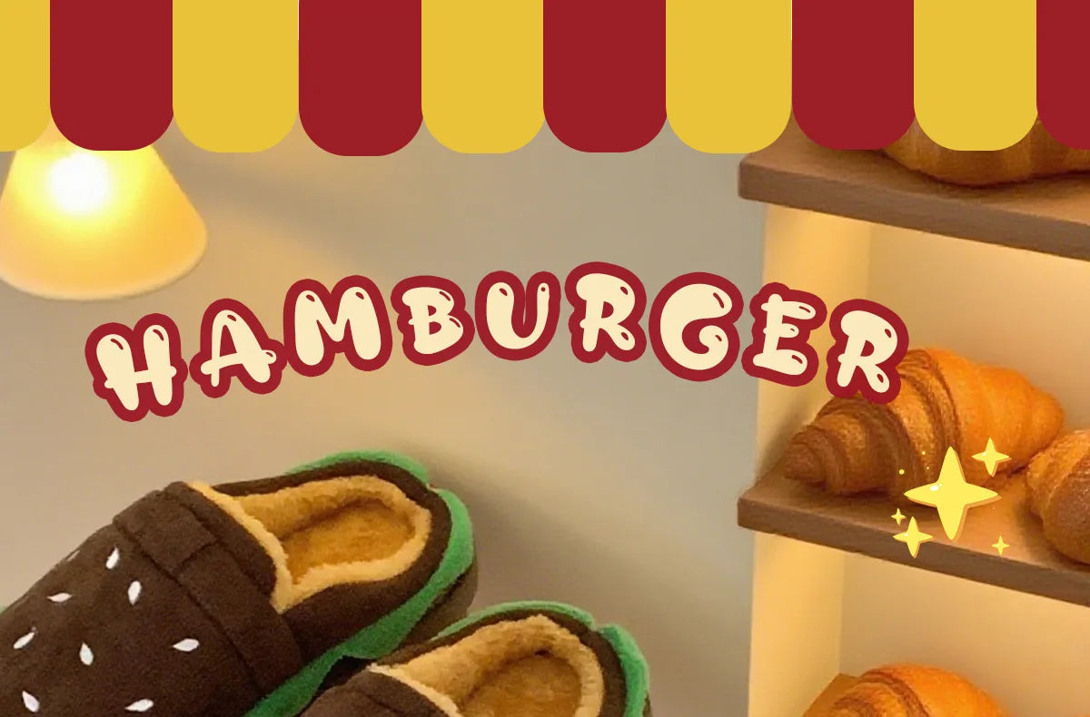Women's Home Slippers Winter Warm Fuzzy Hamburger Slippers Funny Cute Indoor Rug Flat-Soled Home Shoes Plush Home Slippers