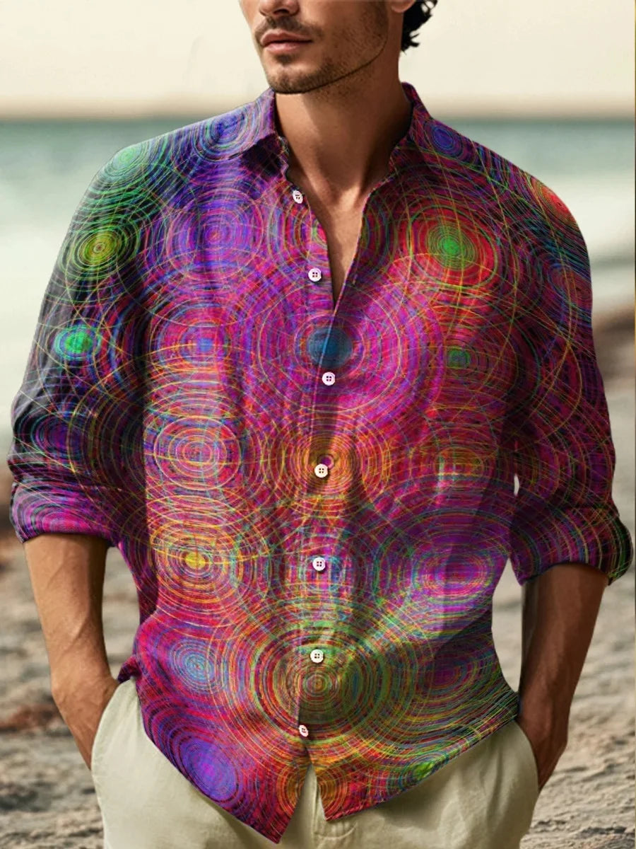 The new men's shirt is a fashionable and artistic printed linen shirt. The high-quality shirt fabric is comfortable