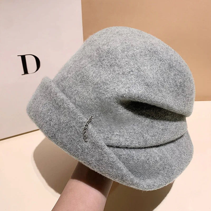 Winter Hat for Women Soft Warm Wool Cap Adjustable Ladies Beanie Cloche Bucket Hat Crushable Ski Hat Upturn Brim Church Hat