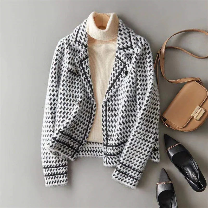 Jackets Women's Autumn Winter 2025 New Small Fragrance Short Coat Female Style Vintage Houndstooth Knitted Cardigan Outwear Tops
