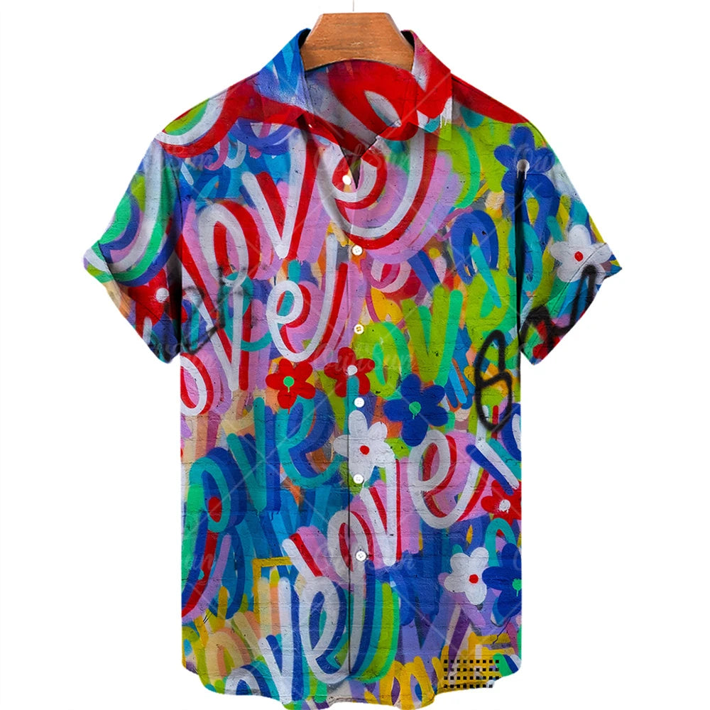Hawaiian men's shirts, breathable, loose, with graffiti patterns of love, a popular trend in Europe and the United States cheap