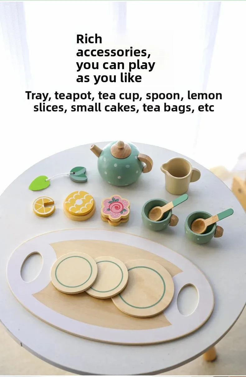 Kids Wooden Afternoon Tea Set Toys Kitchen Accessories Tea Party Food Play Early Educational Toys for Toddlers Girls Boys Gifts