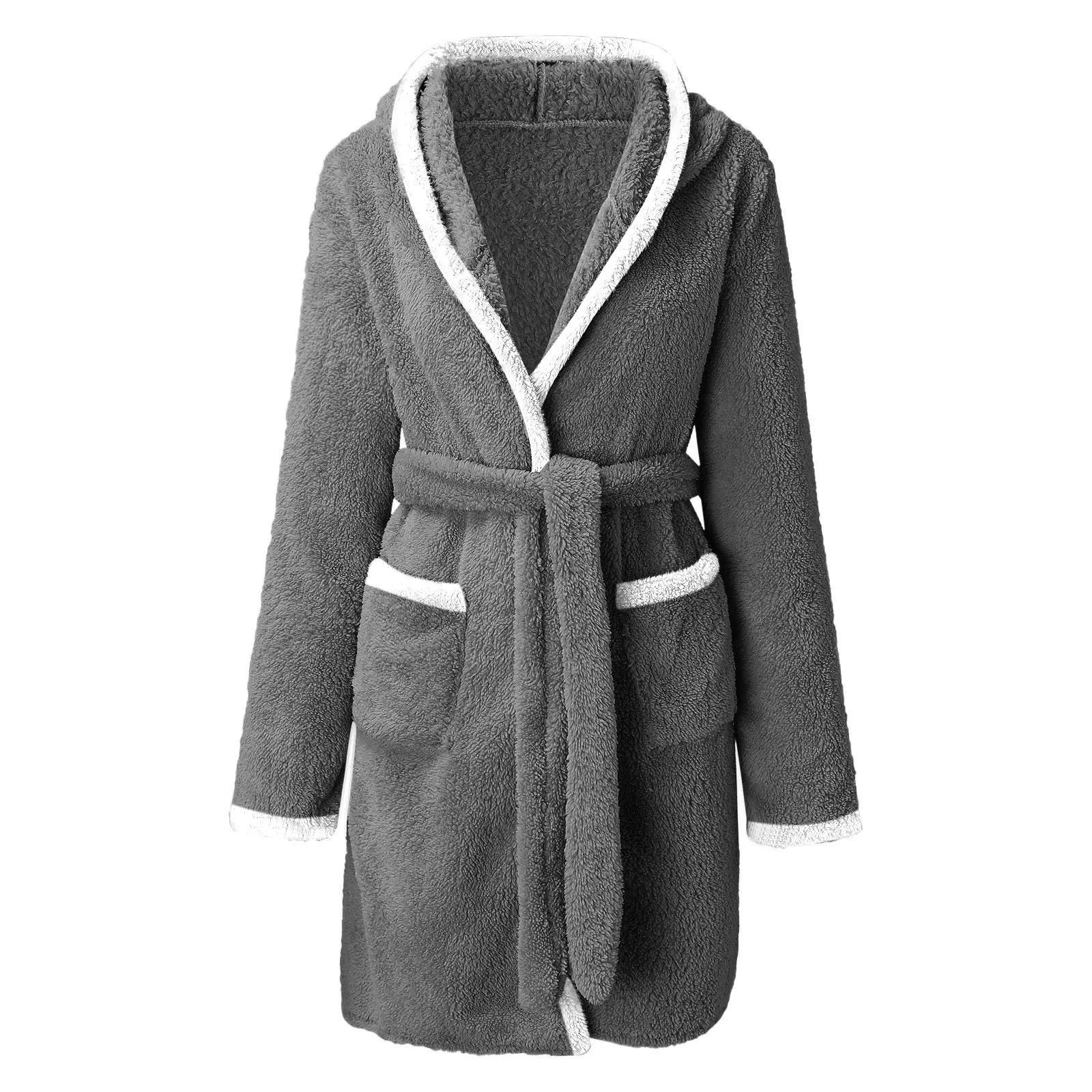 Women's Winter Casual Plush Robe Solid Color Matching Double Pocket Strappy Nightgown Fuzzy Bathrobe Coats Home Clothed Ladies