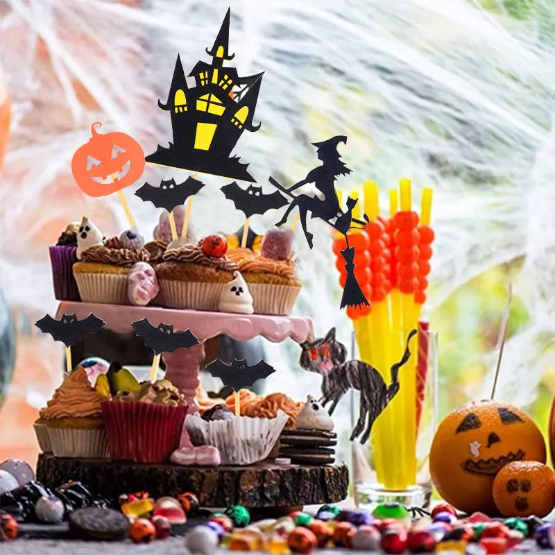 Halloween Cake Top Decoration DIY Cake Topper Castle Witch Pumpkin Cake Insert Flag Halloween Party Atmosphere Supplies
