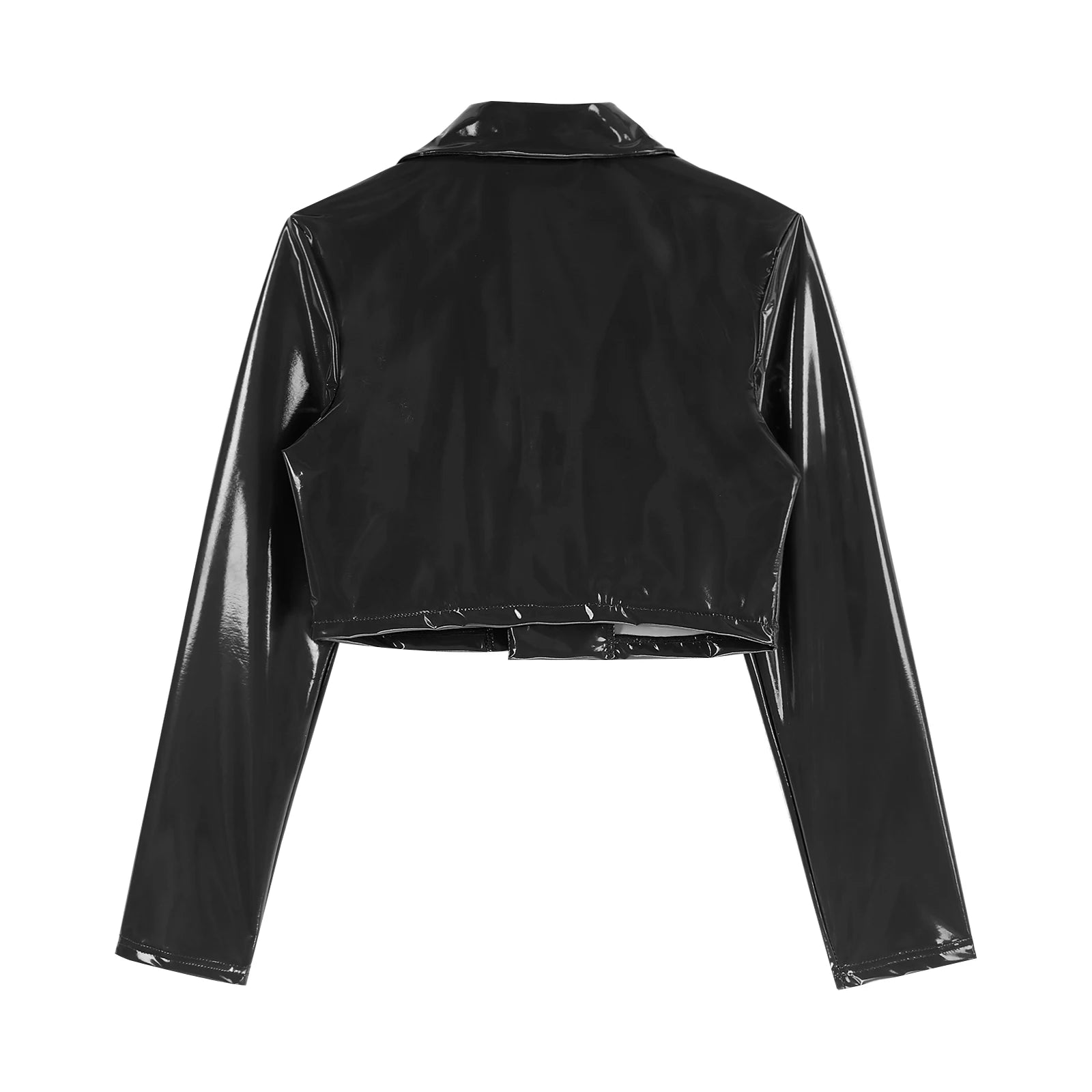 Womens Fashion Black Red Motorcycle Jacket Wet Look Music Festival Clubwear Long Sleeve Patent Leather Lapel Cropped Coat