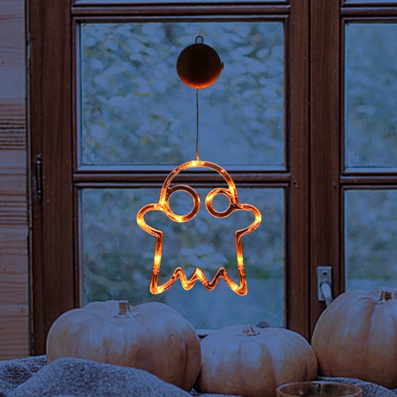 Halloween Orange Window Light Orange Pumpkin Ghost Witch Hat Design LED Sucker Lamp Bar Home Party Hanging Decor Without Battery
