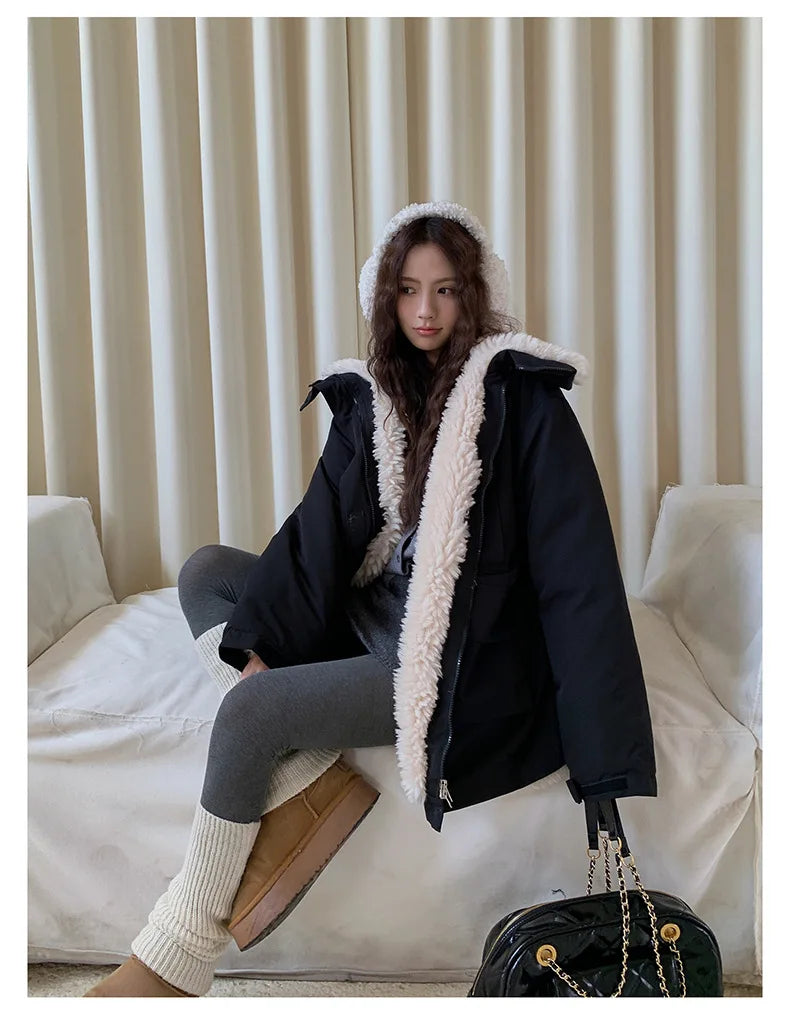 Women Parkas Short Coats Jackets Turn Down Collar Thick Warm Y2k Streetwear Elegant Jacket Work Coat Autumn Winter 2025